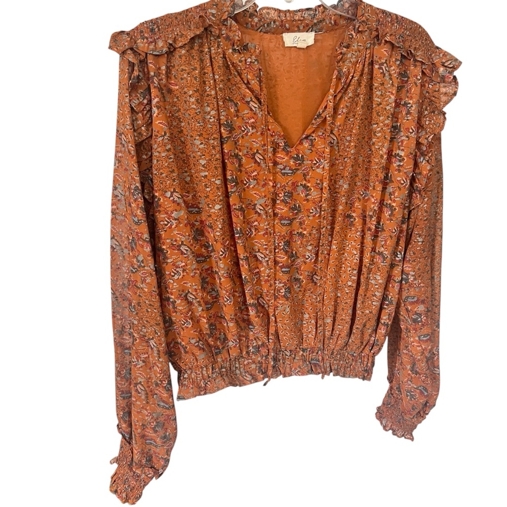 Elan Rust Floral Ruffle-Trim Long Sleeve Blouse size Large
